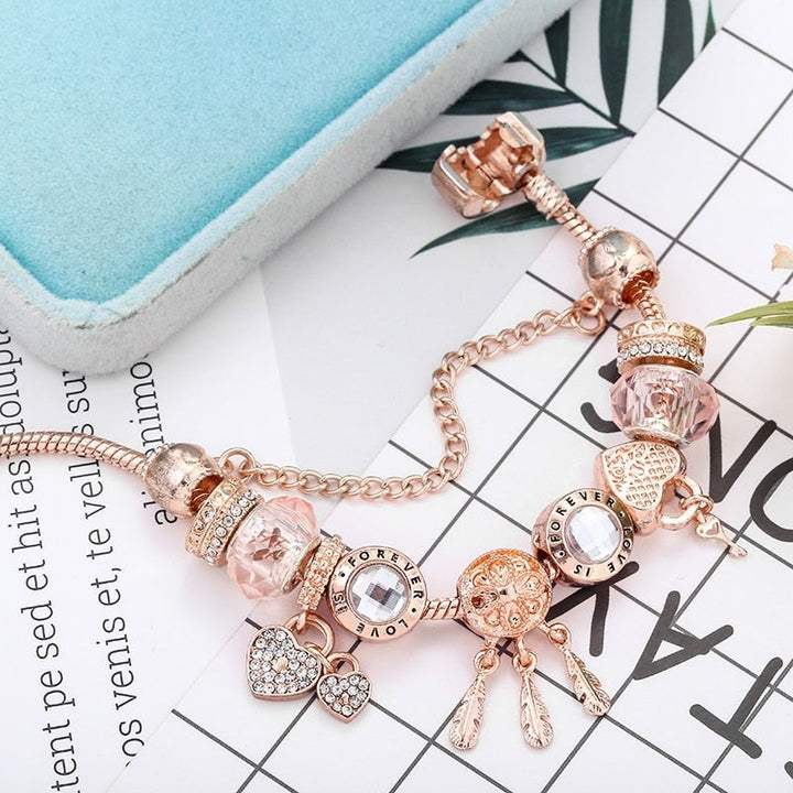 Rose Dreamcatcher Bracelet with Charms in Sterling Silver - Pink-16 cm-State of Style
