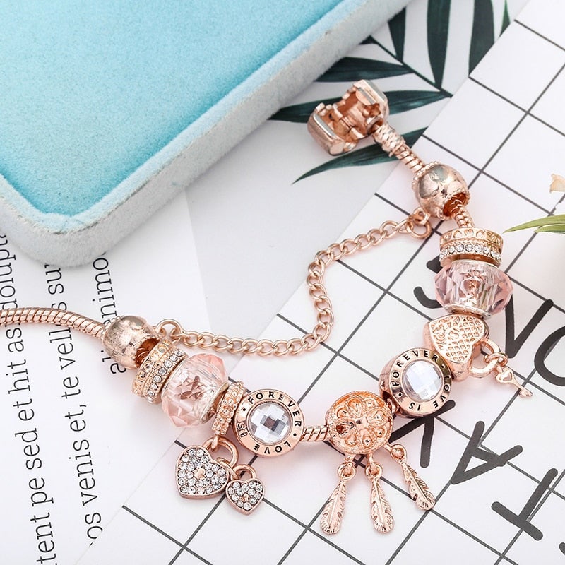 Rose Dreamcatcher Bracelet with Charms in Sterling Silver - Pink-16 cm-State of Style
