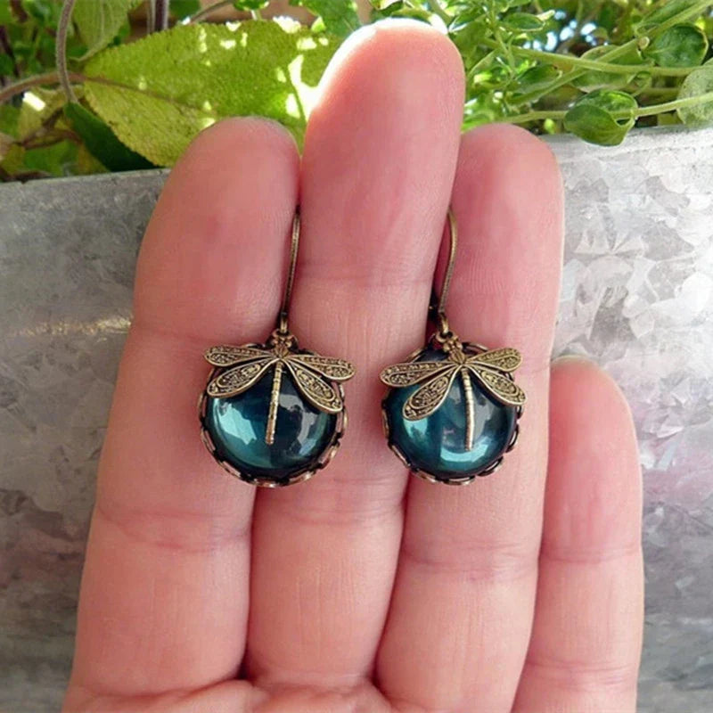 Round Antique Gold Dragonfly Earrings - Elyse-Green-State of Style