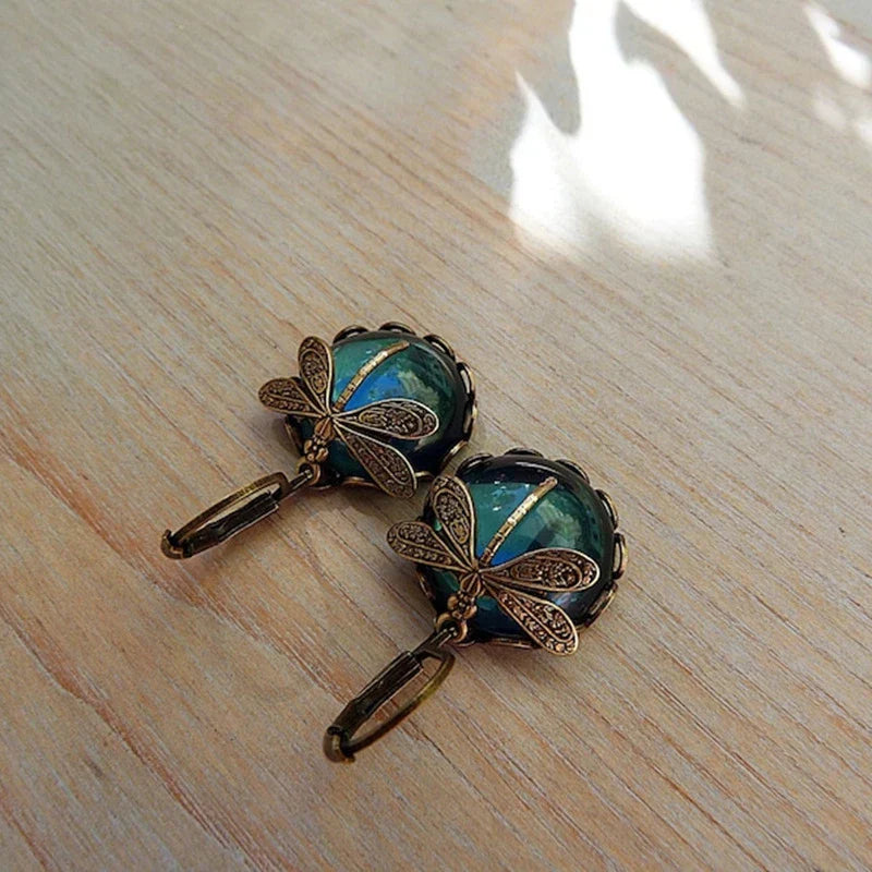Round Antique Gold Dragonfly Earrings - Elyse-Green-State of Style