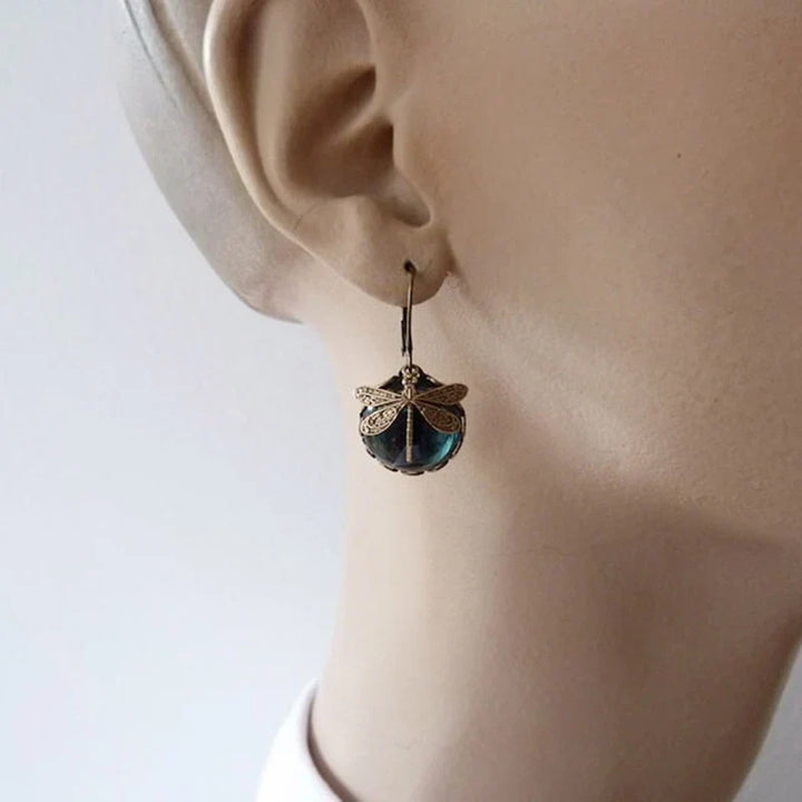 Round Antique Gold Dragonfly Earrings - Elyse-Green-State of Style