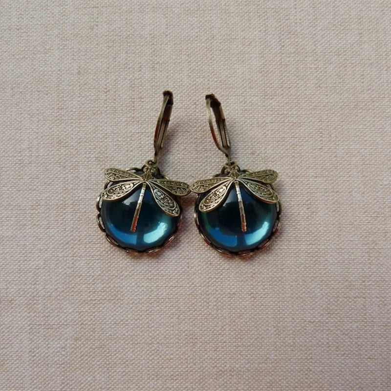 Round Antique Gold Dragonfly Earrings - Elyse-Green-State of Style