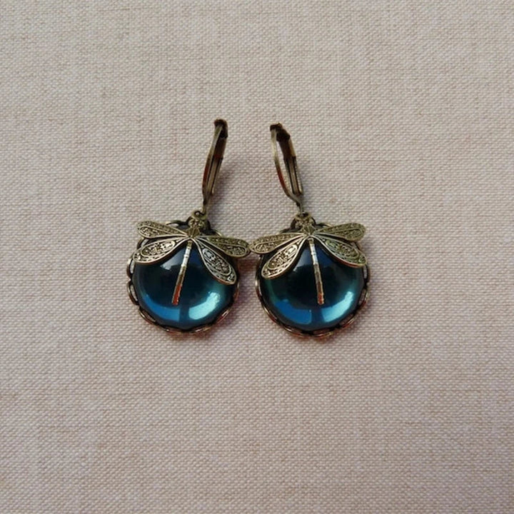 Round Antique Gold Dragonfly Earrings - Elyse-Green-State of Style