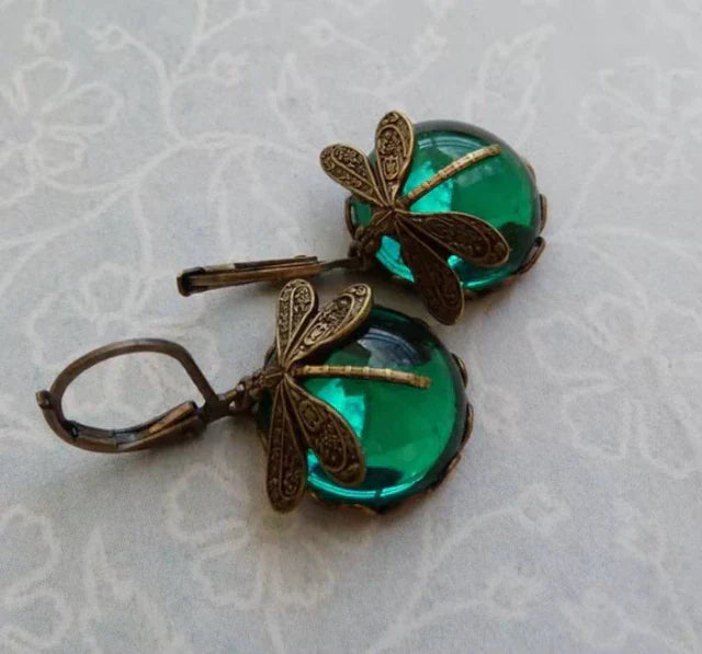 Round Antique Gold Dragonfly Earrings - Elyse-Green-State of Style