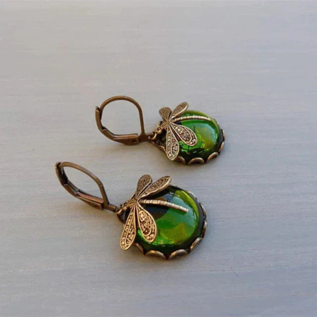 Round Antique Gold Dragonfly Earrings - Elyse-Light green-State of Style