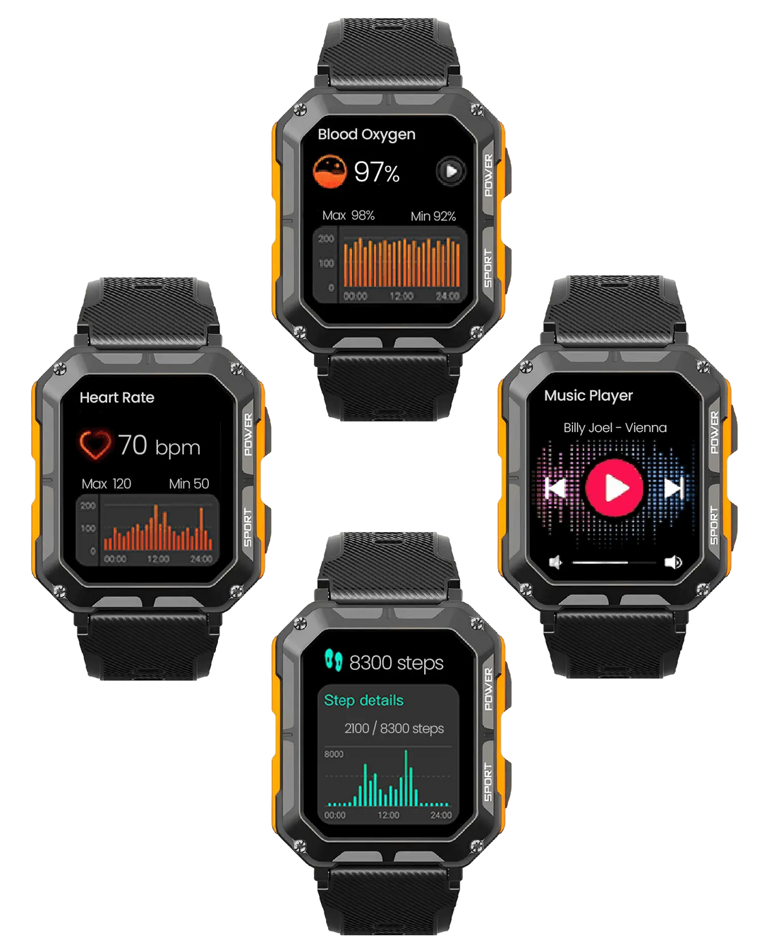 Rugged Smartwatch with Heart Rate Monitor & Step Tracker - EnduranceX-Black-State of Style