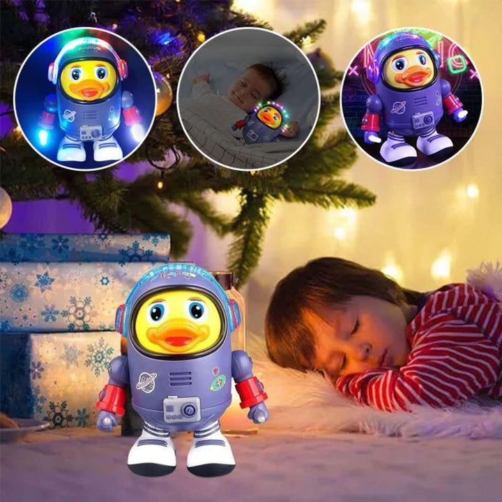 Interactive dancing duck toy with music and lighting effects for children.