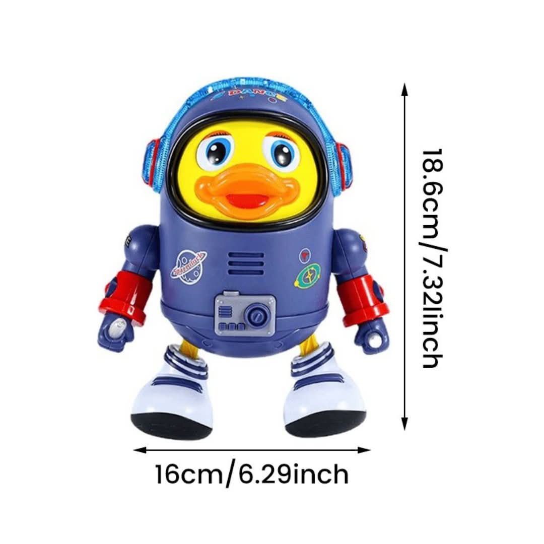 Interactive dancing duck toy with music and lighting effects for children.