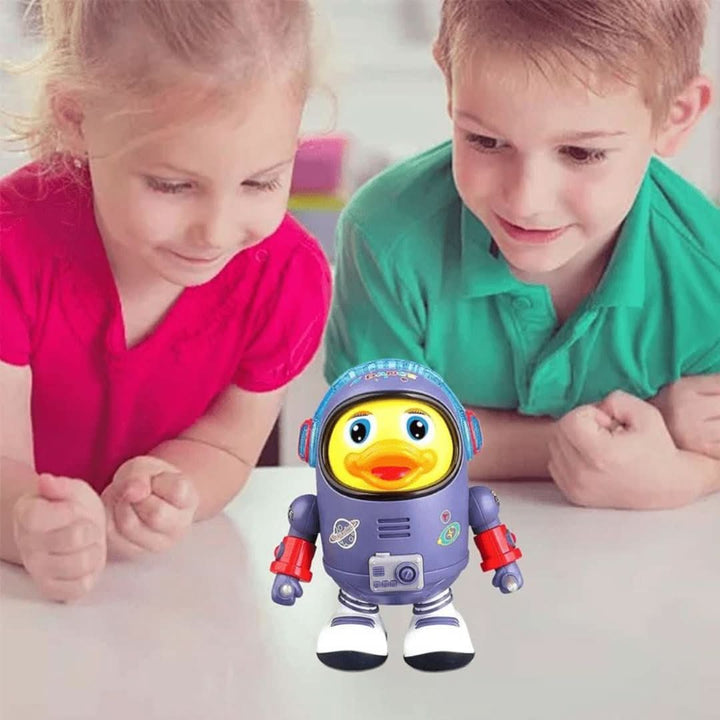 Interactive dancing duck toy with music and lighting effects for children.