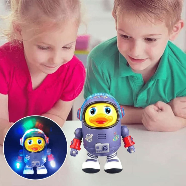 Interactive dancing duck toy with music and lighting effects for children.