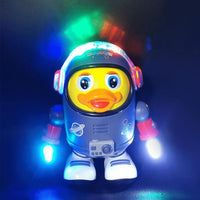 Interactive dancing duck toy with music and lighting effects for children.