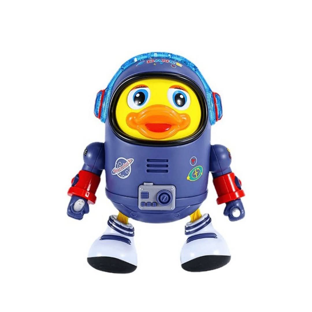 Interactive dancing duck toy with music and lighting effects for children.