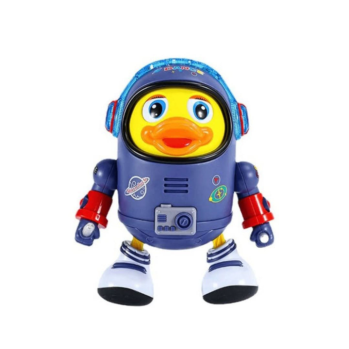 Interactive dancing duck toy with music and lighting effects for children.
