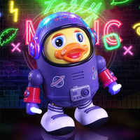 Interactive dancing duck toy with music and lighting effects for children.