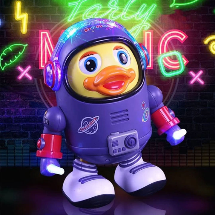 Interactive dancing duck toy with music and lighting effects for children.