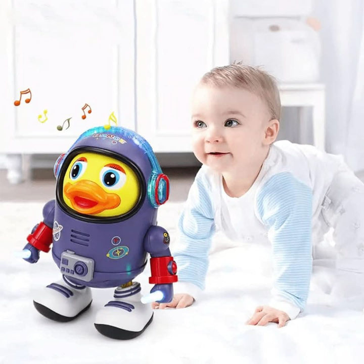 Interactive dancing duck toy with music and lighting effects for children.