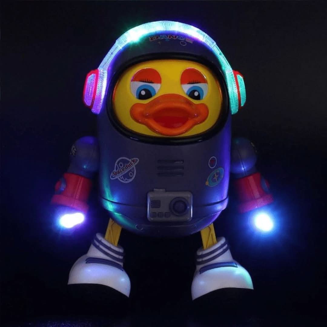 Interactive dancing duck toy with music and lighting effects for children.