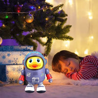 Interactive dancing duck toy with music and lighting effects for children.