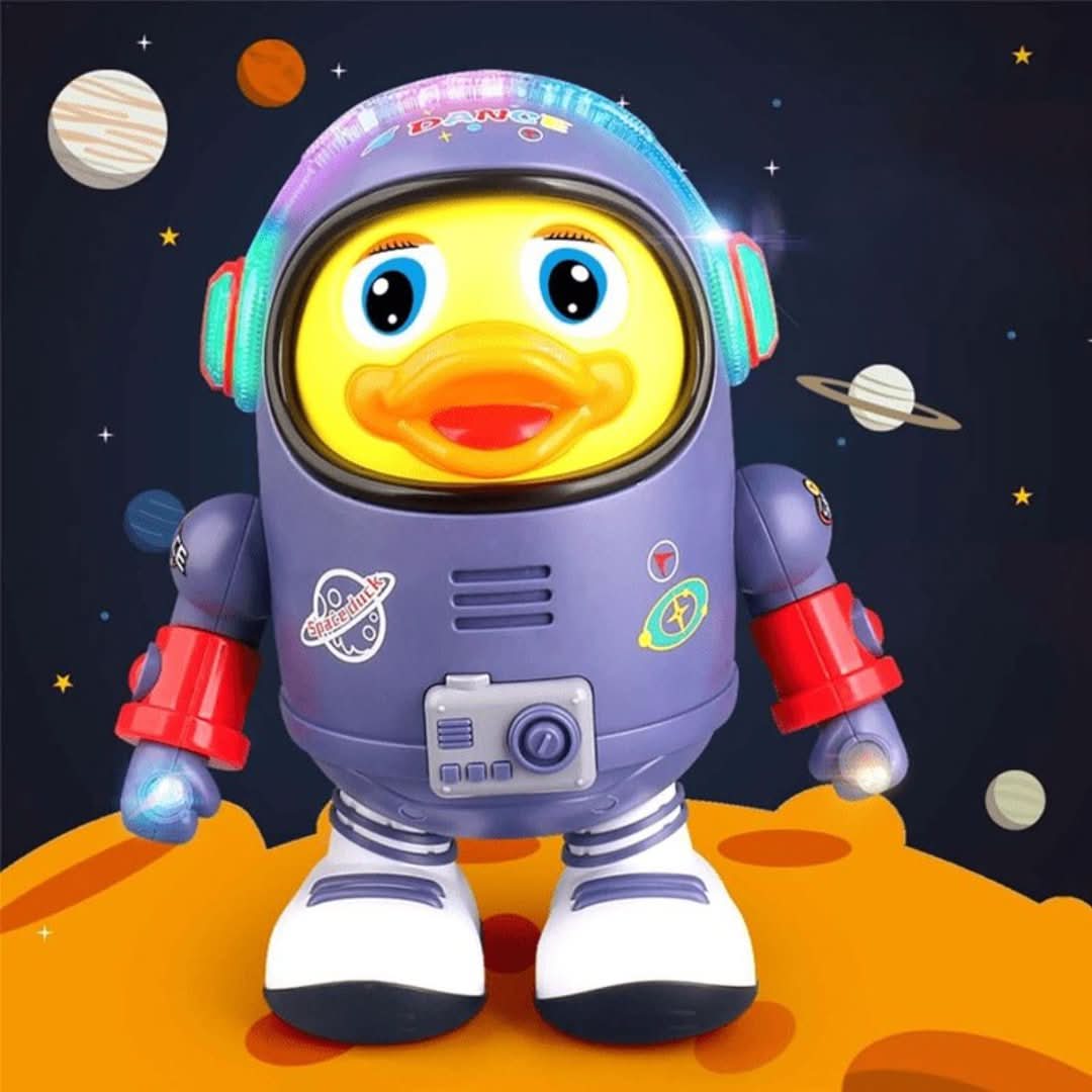 Interactive dancing duck toy with music and lighting effects for children.