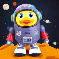 Interactive dancing duck toy with music and lighting effects for children.