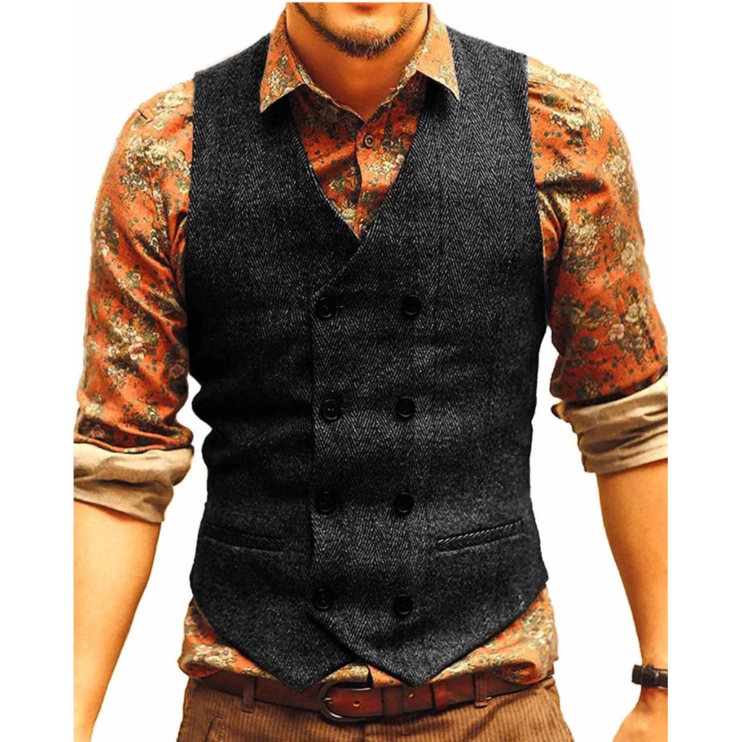 Samuel Traditional Vest – Houndstooth Wool Waistcoat with V-Neck-Black-XS-State of Style