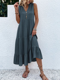 Saskia Radiant Summer Dress with Tiered Hem and Buttons-Dark Gray-S-State of Style