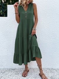 Saskia Radiant Summer Dress with Tiered Hem and Buttons-Green-S-State of Style