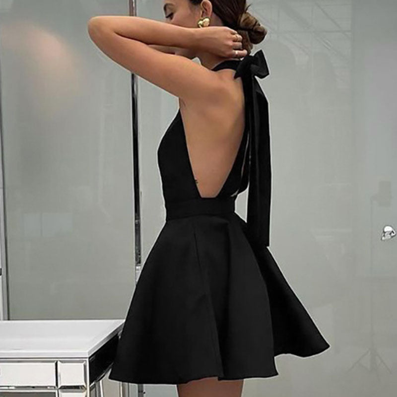 Satin Cocktail Dress with Flared Cut - Valeria-Black-XS-State of Style