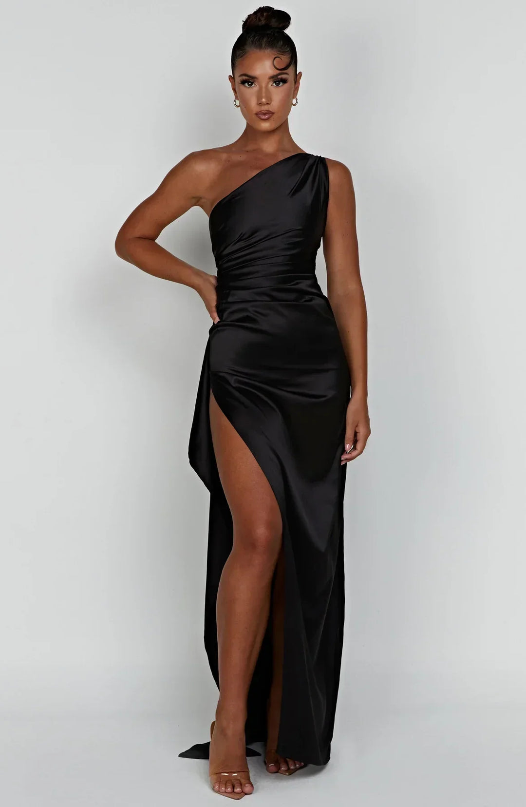Satin Split Dress with One Shoulder - Vivienne-Red-XS-State of Style