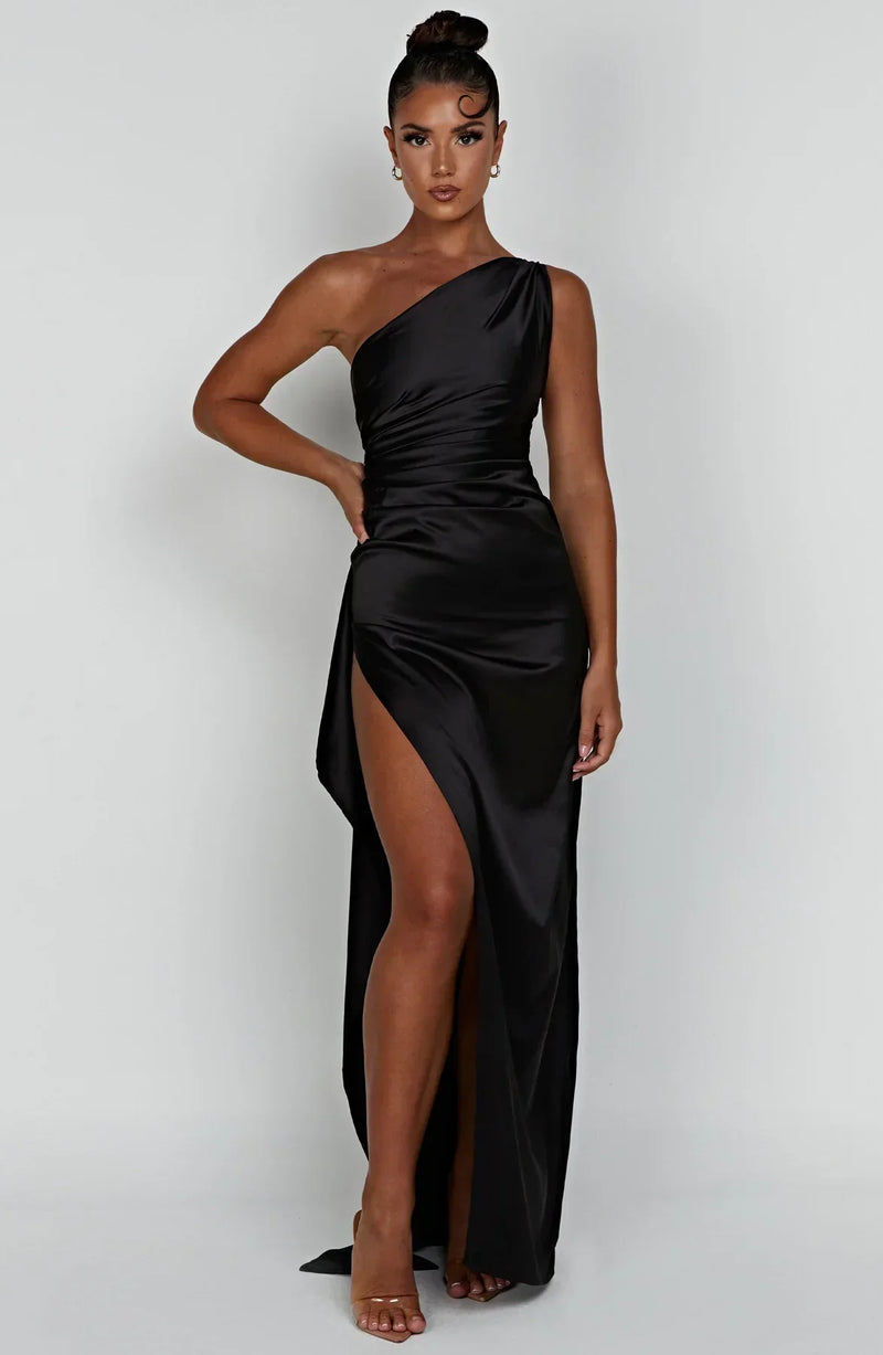Satin Split Dress with One Shoulder - Vivienne-Red-XS-State of Style