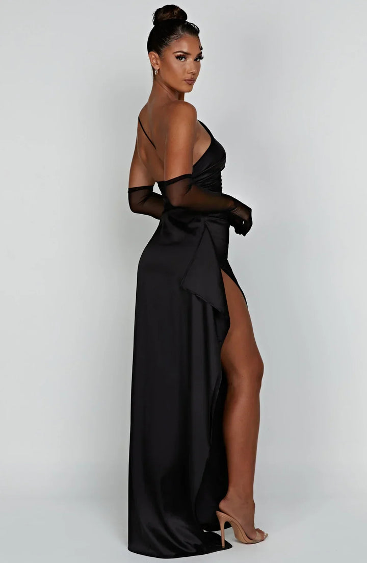 Satin Split Dress with One Shoulder - Vivienne-Red-XS-State of Style