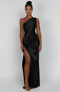 Satin Split Dress with One Shoulder - Vivienne-Red-XS-State of Style