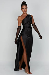 Satin Split Dress with One Shoulder - Vivienne-Red-XS-State of Style