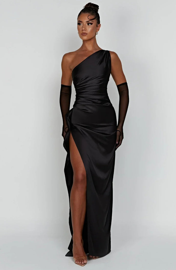 Satin Split Dress with One Shoulder - Vivienne-Red-XS-State of Style