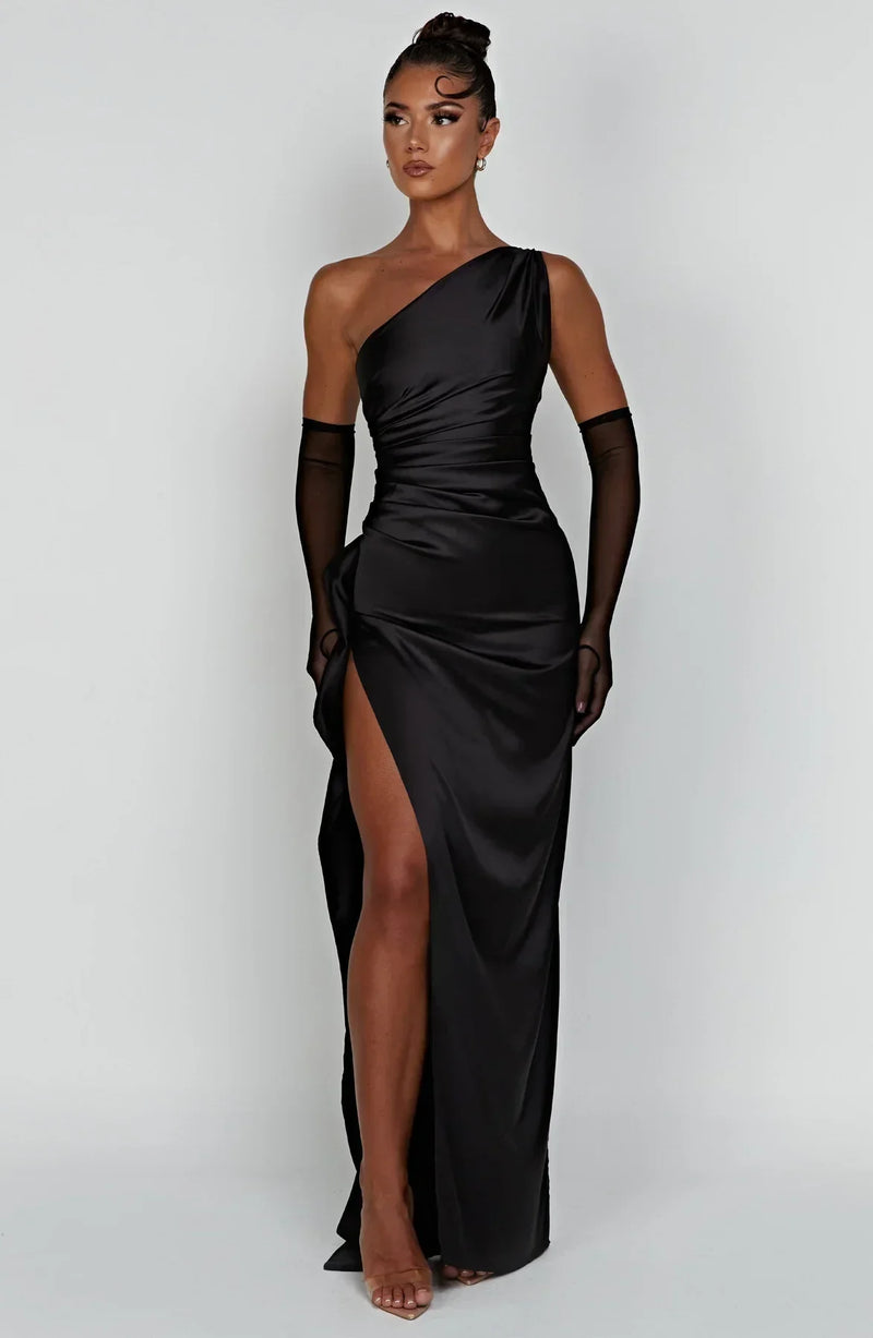 Satin Split Dress with One Shoulder - Vivienne-Red-XS-State of Style