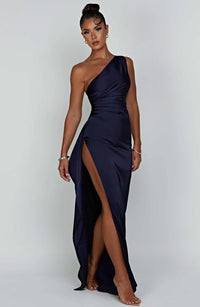 Satin Split Dress with One Shoulder - Vivienne-Red-XS-State of Style