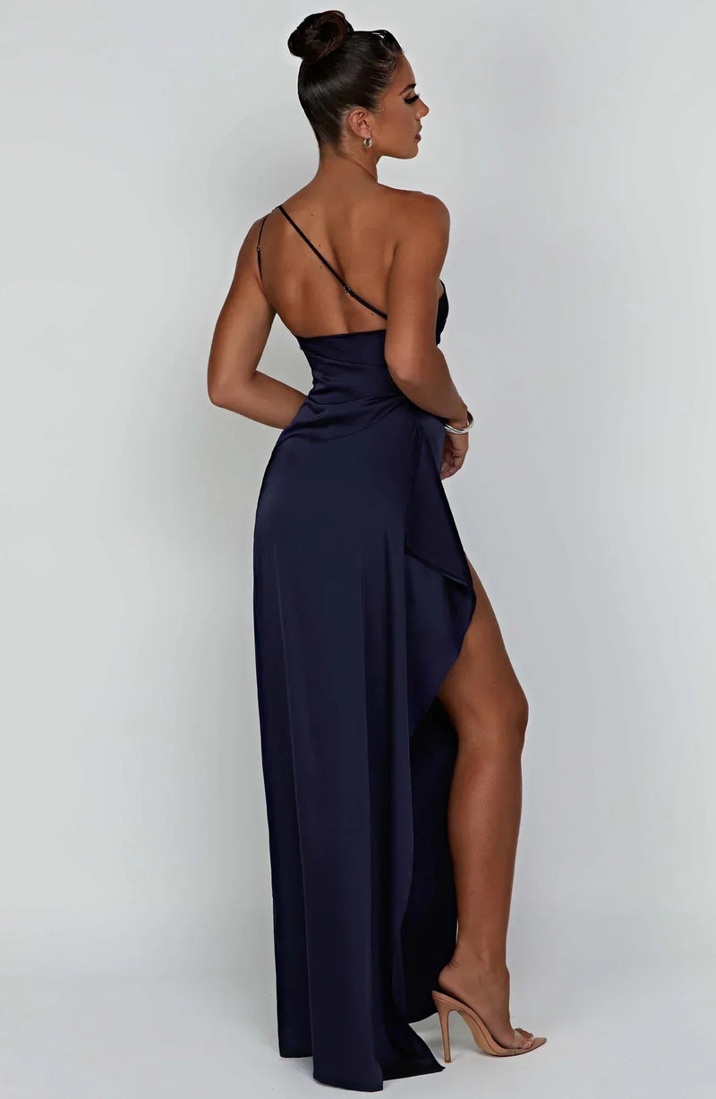 Satin Split Dress with One Shoulder - Vivienne-Red-XS-State of Style