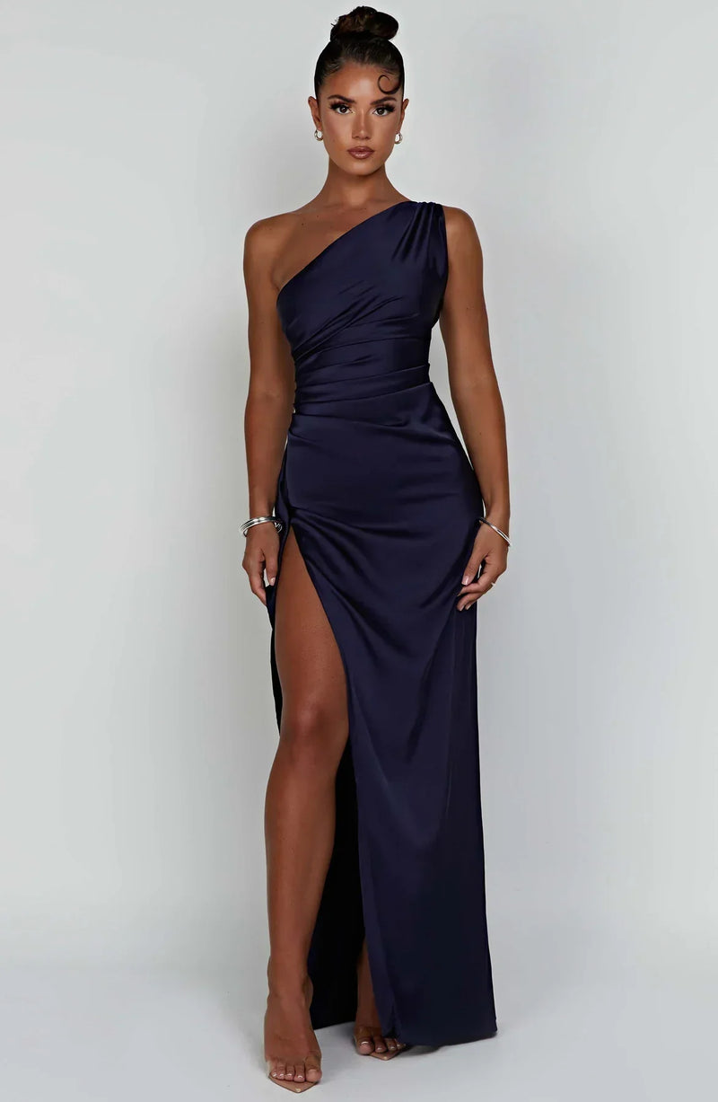 Satin Split Dress with One Shoulder - Vivienne-Red-XS-State of Style