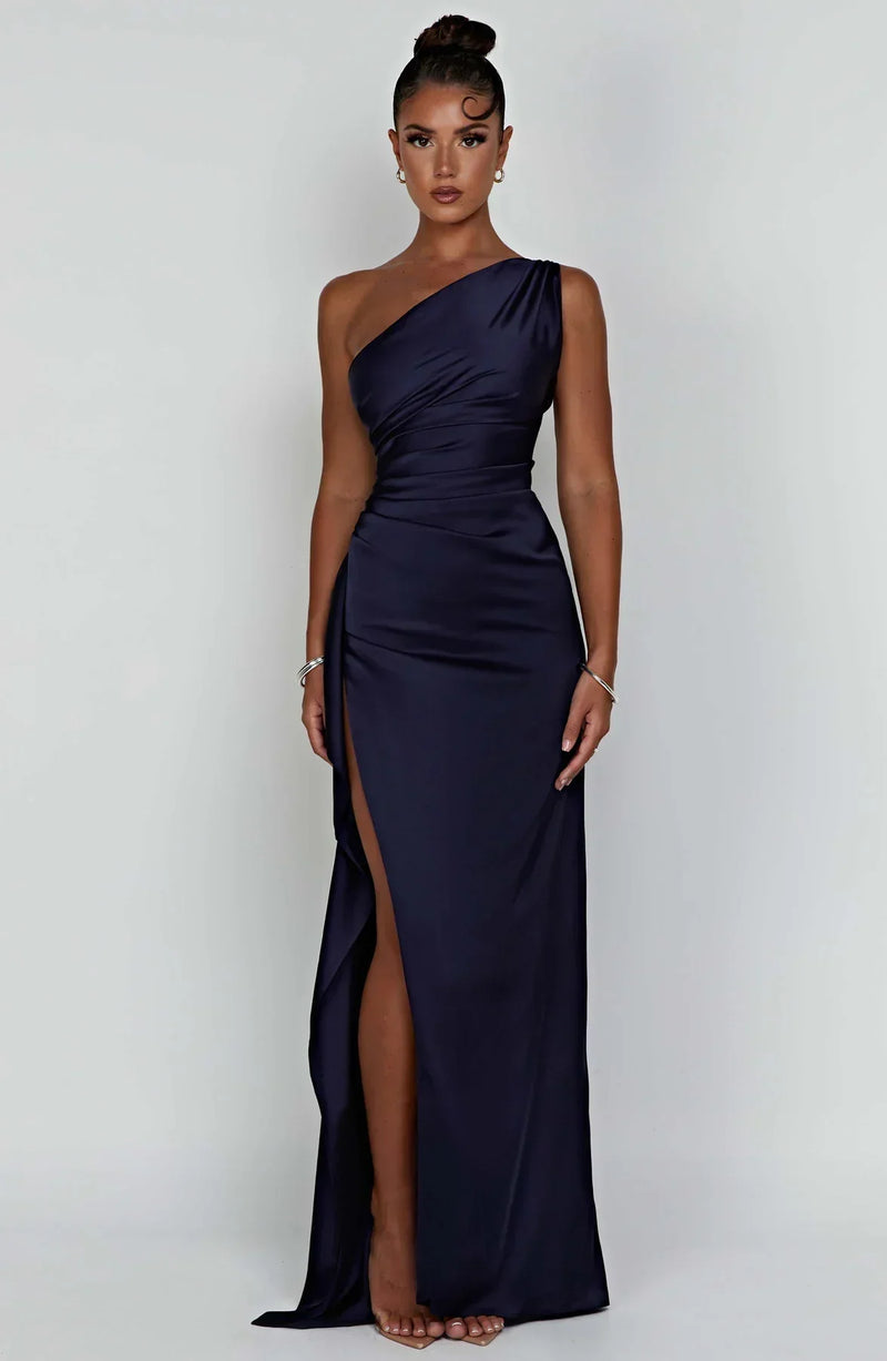 Satin Split Dress with One Shoulder - Vivienne-Red-XS-State of Style