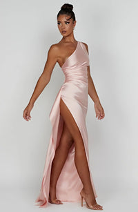 Satin Split Dress with One Shoulder - Vivienne-Red-XS-State of Style