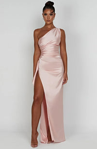Satin Split Dress with One Shoulder - Vivienne-Red-XS-State of Style
