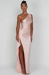 Satin Split Dress with One Shoulder - Vivienne-Red-XS-State of Style