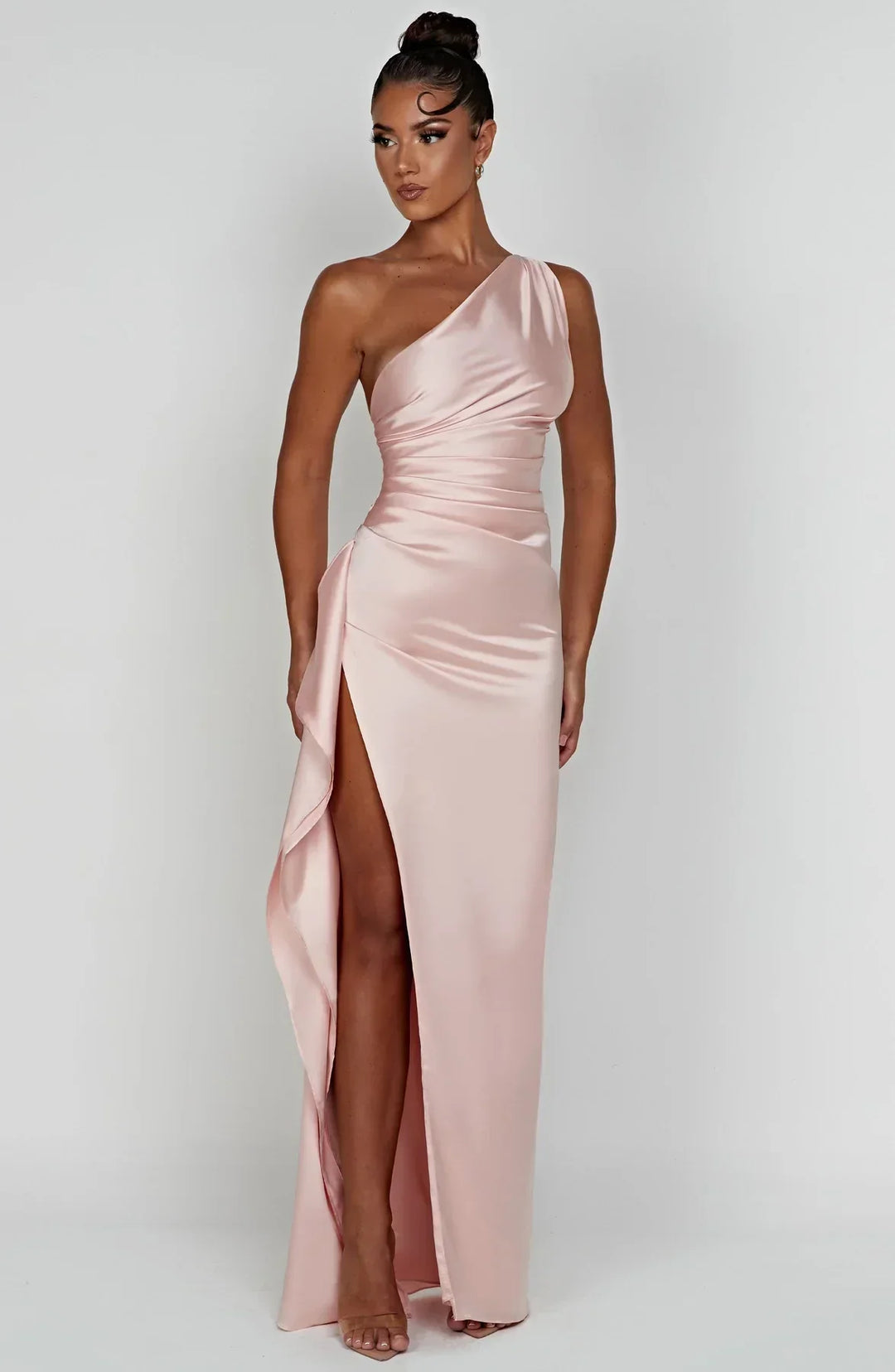 Satin Split Dress with One Shoulder - Vivienne-Red-XS-State of Style