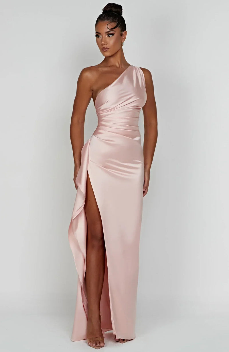 Satin Split Dress with One Shoulder - Vivienne-Red-XS-State of Style