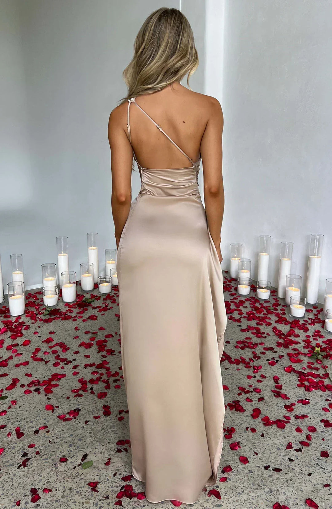 Satin Split Dress with One Shoulder - Vivienne-Red-XS-State of Style