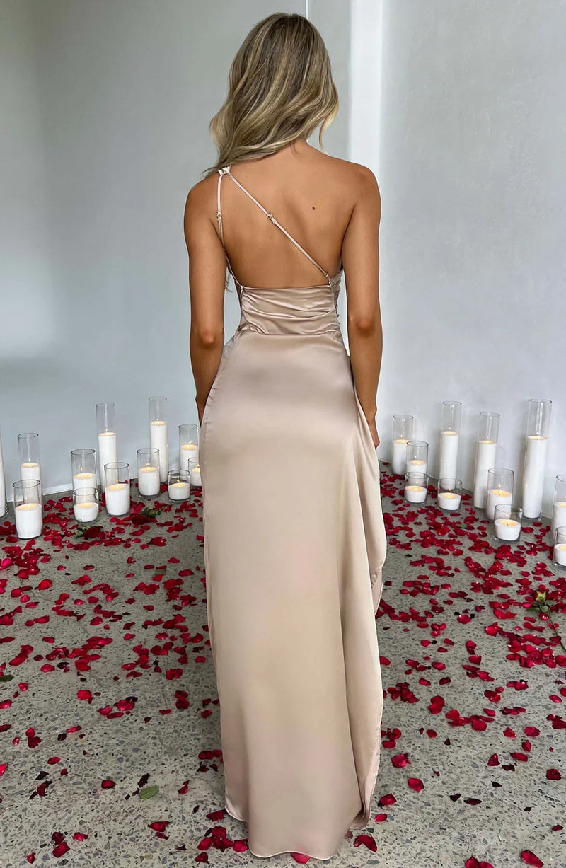 Satin Split Dress with One Shoulder - Vivienne-Red-XS-State of Style