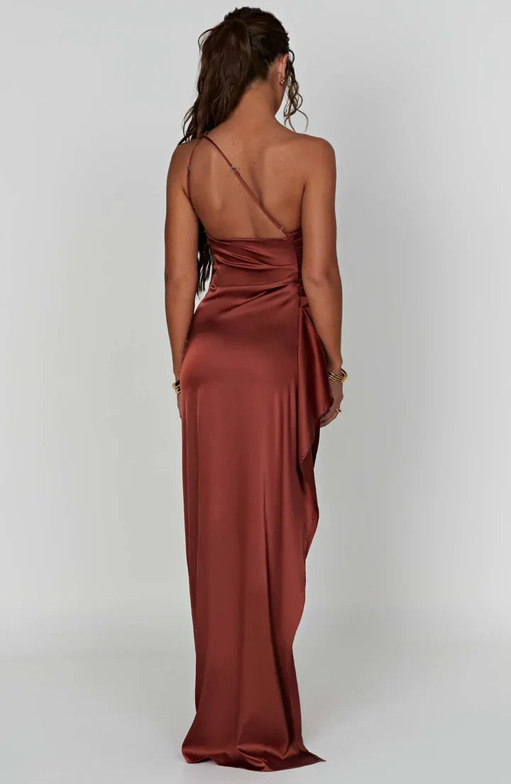 Satin Split Dress with One Shoulder - Vivienne-Red-XS-State of Style