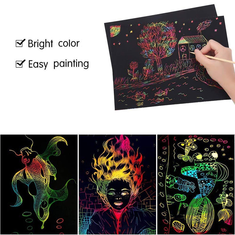 Scratch card set with Magical Rainbow Colours - ColorBurst-50× Paper + 4× Card Shapes + 5× Magic Pencils + 1× Brush and Sharpener-State of Style