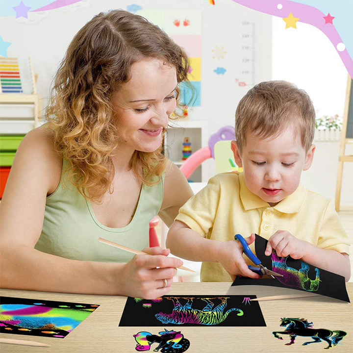 Scratch card set with Magical Rainbow Colours - ColorBurst-50× Paper + 4× Card Shapes + 5× Magic Pencils + 1× Brush and Sharpener-State of Style