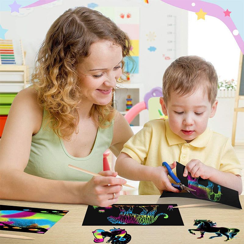 Scratch card set with Magical Rainbow Colours - ColorBurst-50× Paper + 4× Card Shapes + 5× Magic Pencils + 1× Brush and Sharpener-State of Style